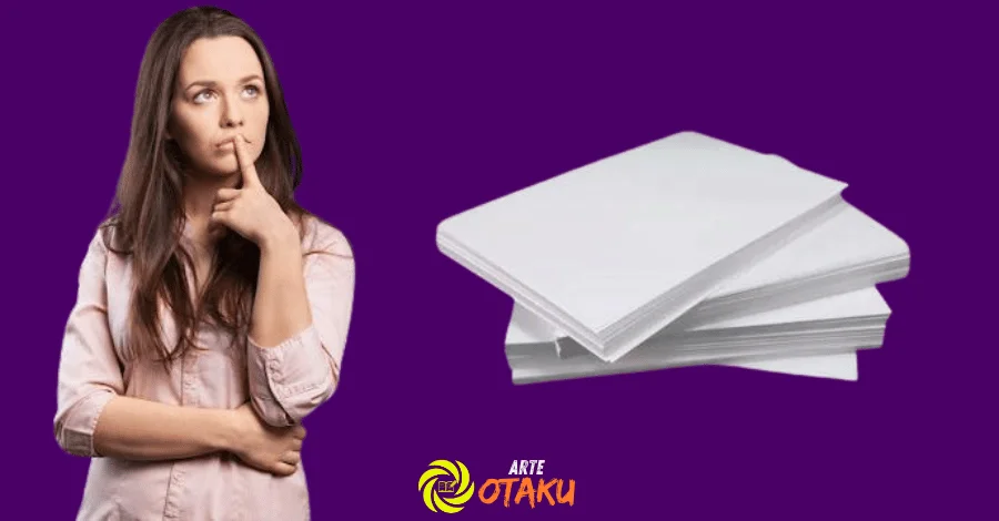 A imagem mostra uma mulher de expressão pensativa à esquerda e uma pilha de papéis brancos à direita, ambos sobre um fundo roxo. A mulher parece estar considerando algo enquanto olha para cima, com uma mão no queixo e a outra cruzada sobre o corpo. No canto inferior central, há o logotipo do blog "Arte Otaku".